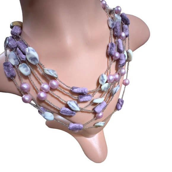 Vintage Japan Multi Strand Stone, Resin, Bead Necklace - Picture 3 of 8